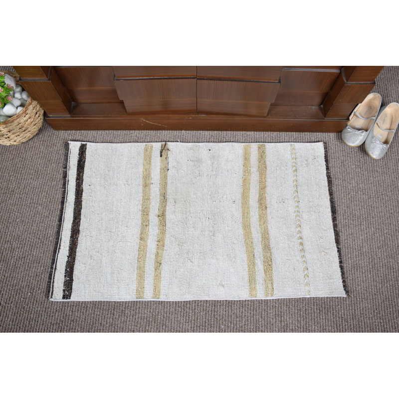 Authentic Vintage Turkish Flat Weave Rug in Beige with Bohemian Striped Design Ideal for Entryways