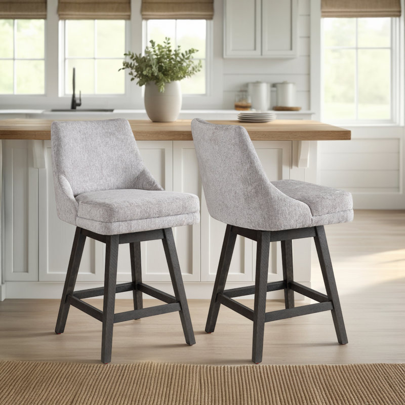 Wasser Solid Wood Upholstered Swivel Barstool With Fabric Seat, Gray Wood, Counter Stool (26” Seat Height), 2