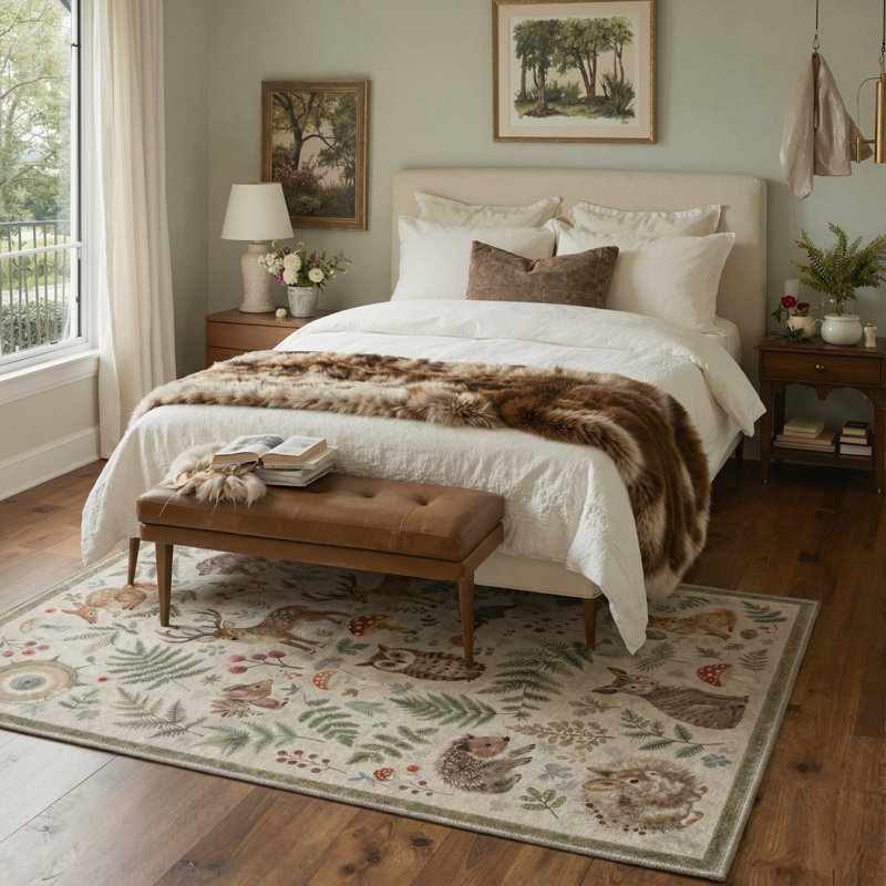 Aarna Woodland Rustic Animals  Beige&Brown Area Rug, Washable Kids Rug with Non-Slip Backing, Rectangle 5' x 7', Brown