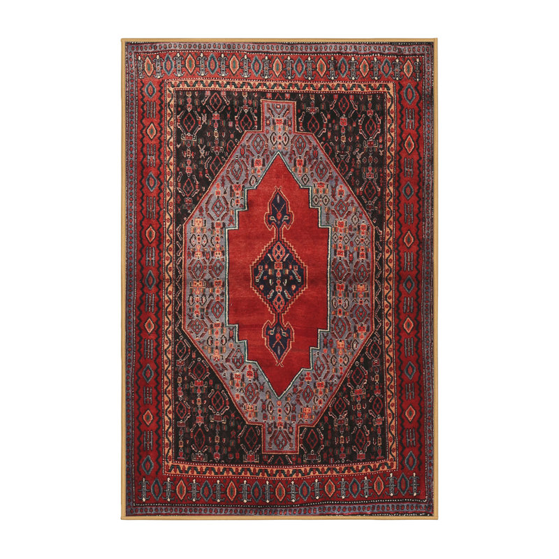Tapis traditionnel rouge / noir / beige, Rectangle 4 pi x 6 pi