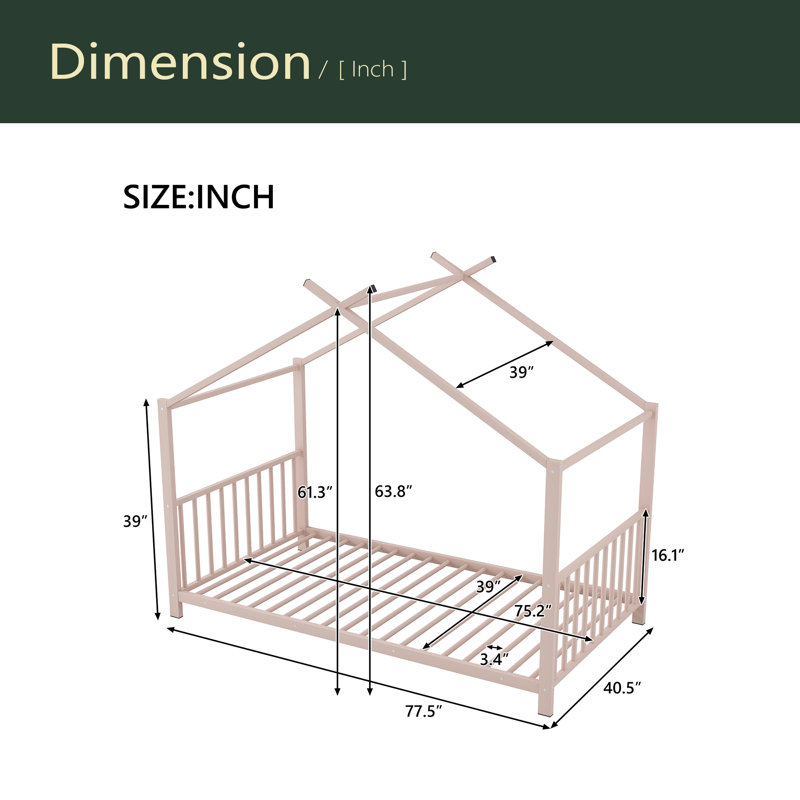 Twin Size Metal House Platform Bed, Pink