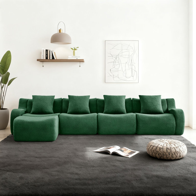 Canapé modulaire rembourré 4 places avec repose-pieds, Ours en peluche vert, H 35,43 po x l 148,02 po x P 65,73 po