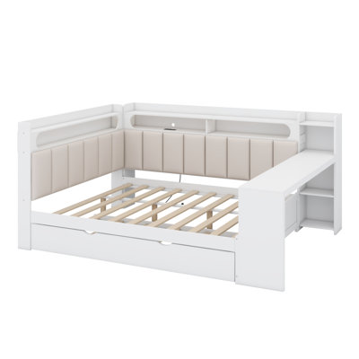 All-in-One Sleep and Study Daybed with Upholstered Backrest, Bookcase, Pull-Out Guest Bed, Power Hub, and Ambient LED Strips