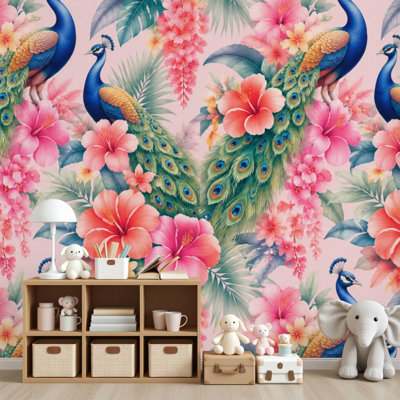 Papier peint adhésif pelez et collez Fleurs exotiques murales tropicales H 69 po x l 96 po amovible, papier mural amovible en PVC pour chambre à coucher, bureau à domicile