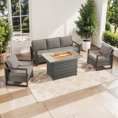 Aldiana 4-Piece Outdoor Conversation Set With Fire Pit Table, 5-Person Wicker Patio Seating Group With Sofa And Armchairs