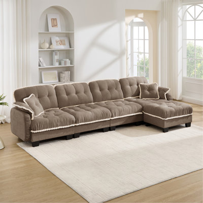 Canapé en forme de L en chenille avec 4 coussins, repose-pieds mobile et garniture capitonnée matelassée de conception ergonomique, canapé à assise profonde facile à assembler pour le bureau du salon, appartement, brun