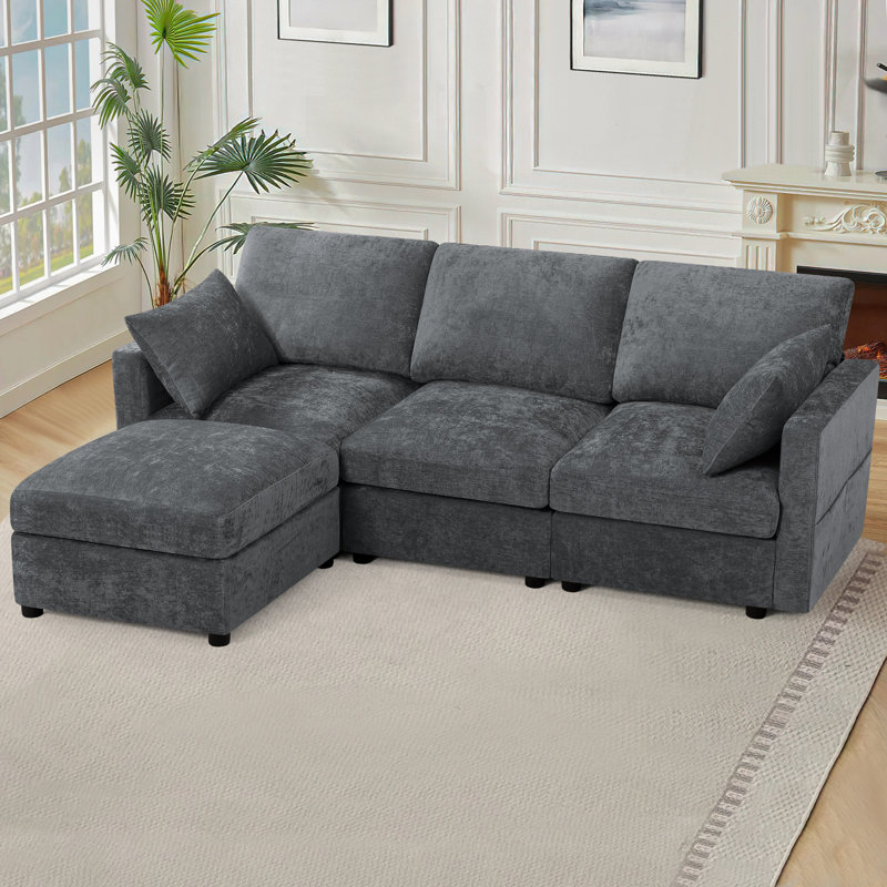 84" Chenille Sectional Sofa With Reversible Ottoman, Modern Couch With Upholstered Cushion, Comfy 3-Seat Sofa For Living Room, Office