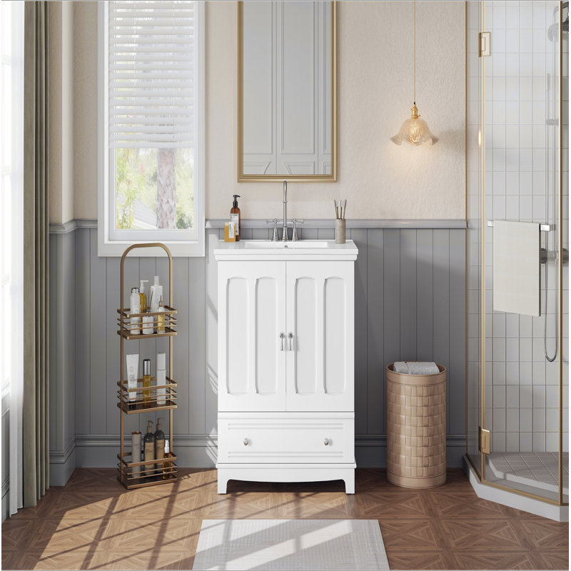Meuble-lavabo 30 po avec lavabo en céramique, meuble-lavabo à cadre en bois massif avec tablette réglable, tiroir avec cloison, pieds en bois massif