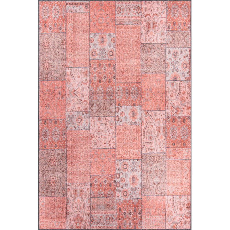 Tapis décoratif rose à motif tissé patchwork, Rectangle 4 pi 8 po x 6 pi 3 po