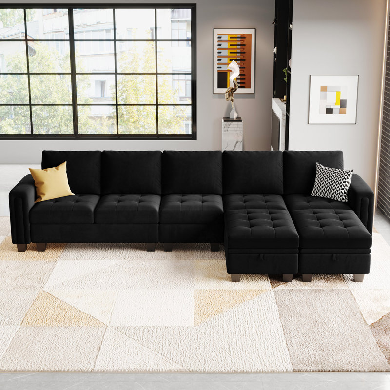 Shavera 6 - Piece 130.6'' Wide Upholstered Sectional Modular Sofa Velvet Large L Shaped Tufted Couch with Storage Ottomans