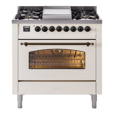 Cuisinière à double combustible 36 pouces avec 6 brûleurs, plaque chauffante (porte vitrée) ILVE Nostalgie II Series