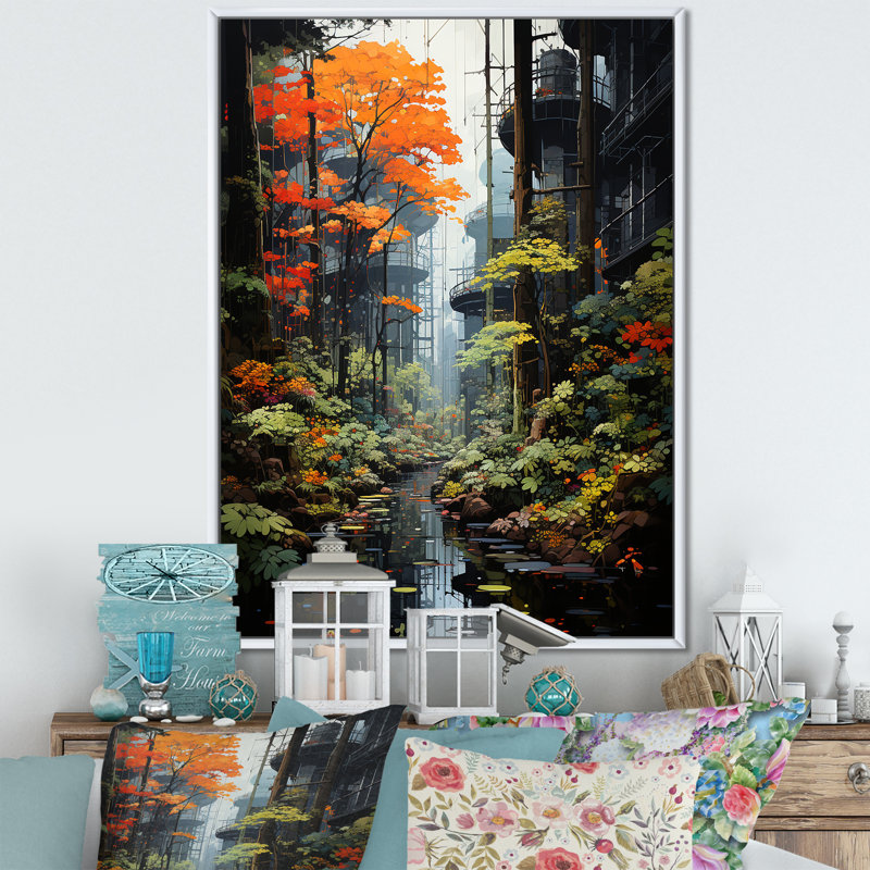 «Autumn Forest Collage II», reproduction sur toile, Cadre flottant blanc, H 44 po x l 34 po x P 1,5 po