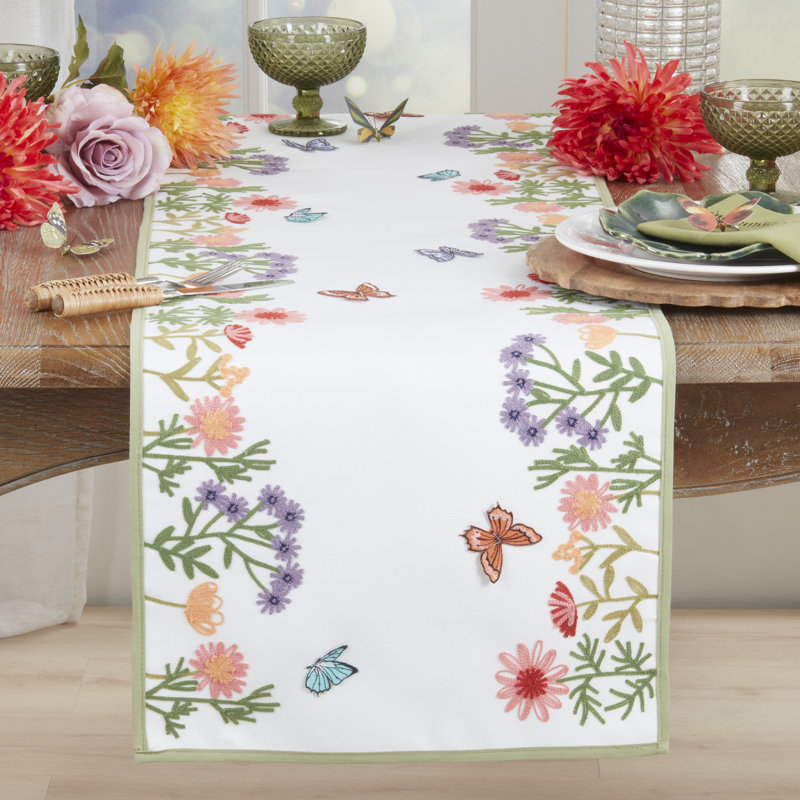 Embroidered Floral Butterfly Table Runner – Non-Reversible Decorative Table Runner, 16"x70"