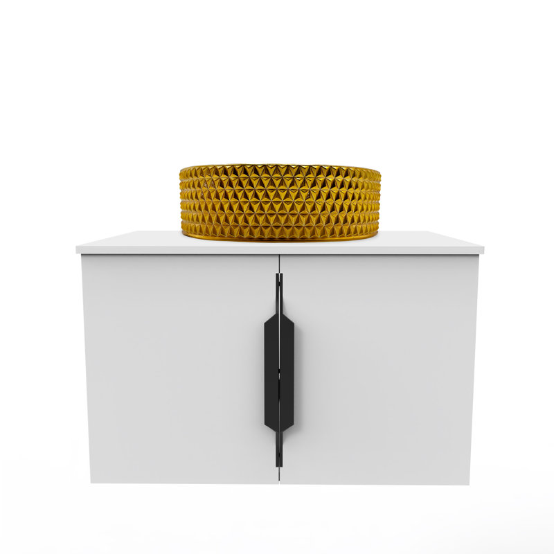 Ensemble de meuble-lavabo flottant simple 24 po avec lavabo vasque en verre trempé Wildsee Wildsee, Blanc, Or