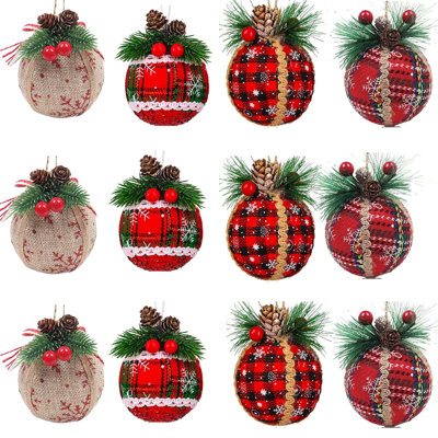 12 pièces de boules de Noël en tissu écossais - 3,14 pouces Buffalo tissu en tissu à carreaux avec des pommes de pin et de la verdure, arbre de Noël à carreaux suspendus boules suspendues décoration festive