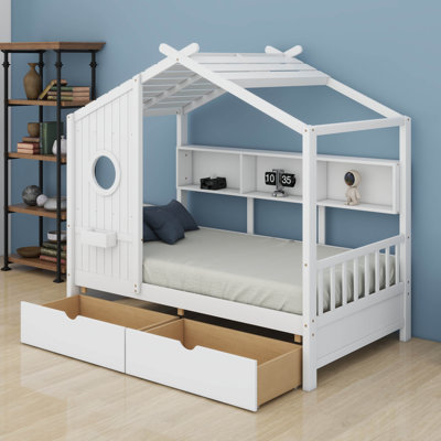Lit simple avec 2 tiroirs, cadre de lit avec rangement cubique et rails de clôture