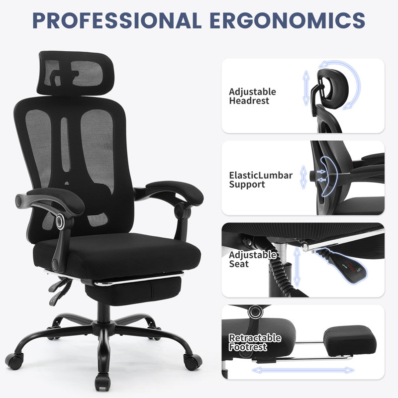 Mesh Ergonomic Office Chair with Footrest, Wheels 360 Swivel, Black, Black