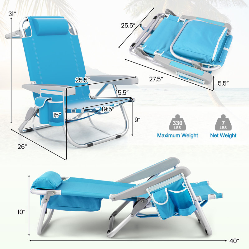 Chaise de plage pliante portative en aluminium légère avec appui-tête et porte-gobelet, Bleu