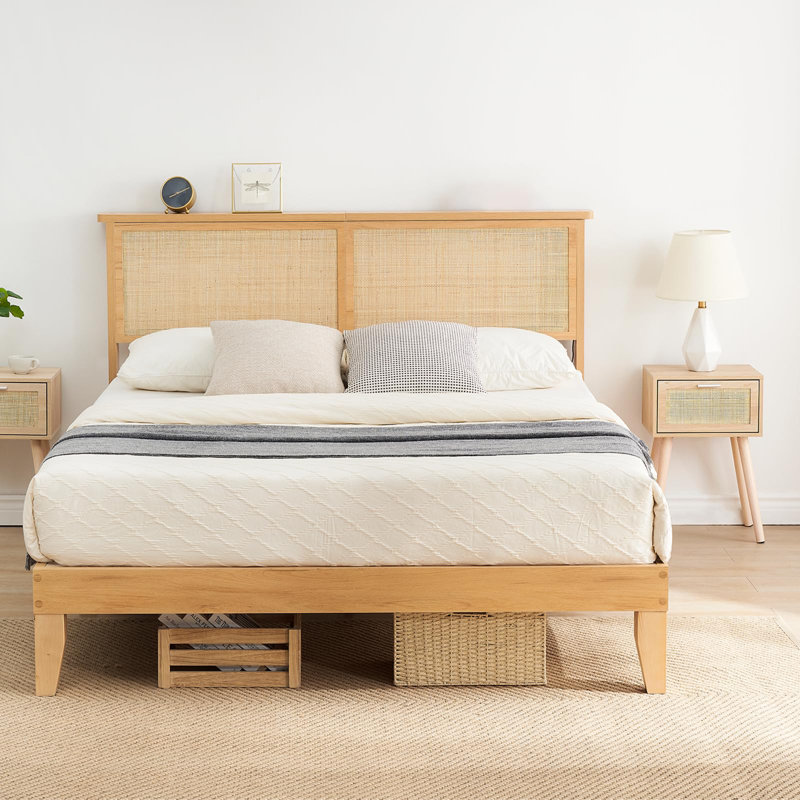 Structure de lit double en rotin naturel avec tête de lit à DEL et pieds en bois, aucun sommier nécessaire, Double