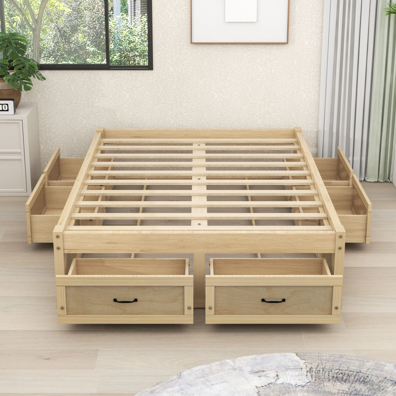 Lit plateforme 6 tiroirs en bois avec pieds centraux, Naturel antique, Double