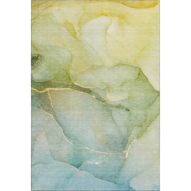 Premium Machine Washable Cerrito AMF508 Green Rug, Rectangle 9' x 12'