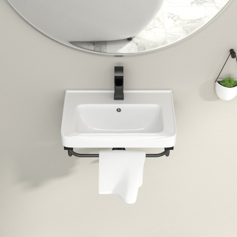 Lavabo de salle de bain mural 20 po x 14 po avec support noir et porte-serviettes, modÃ¨le rectangulaire suspendu blanc