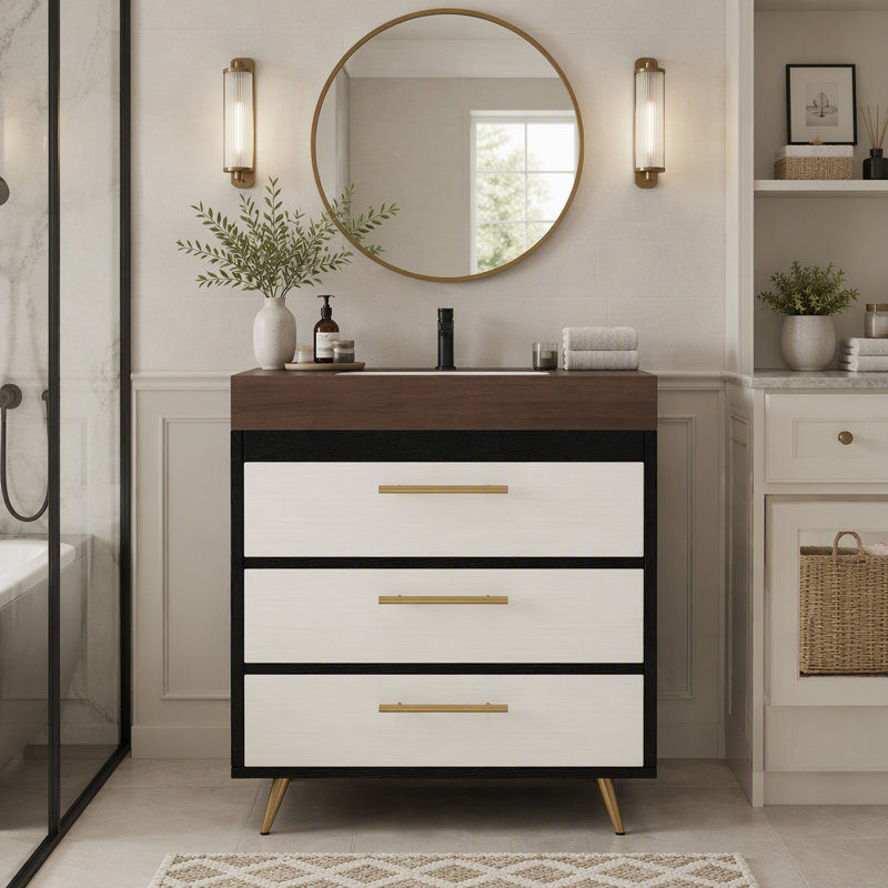Freestanding Standard Free Standing Single Double Single Vanity Bathroom Vanity With Stone Top, Black,Gold,Walnut,White
