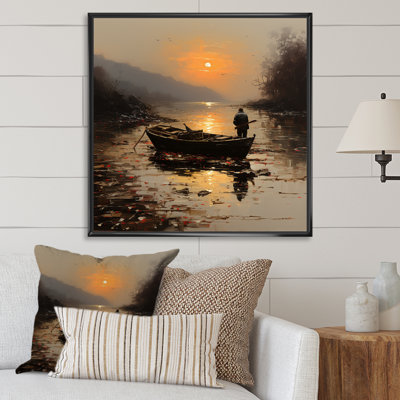 Orange And Brown Moonlit Fishing By The Lake - Boat Fishing Wall Art