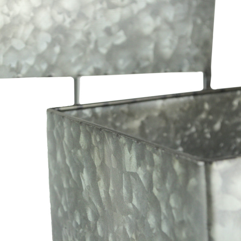 Juul farmhouse galvanized zinc-finish grey-silver metal square planter pots, iron stands, pair — 17.75 x 9.25 x 9.25; 13.25 x 7.75 x 7.75 in.