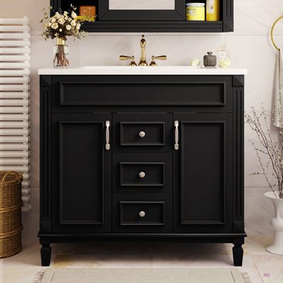 Meuble-lavabo 36 po avec lavabo supérieur, armoire de rangement moderne avec 2 portes à fermeture douce et 2 tiroirs, meuble-lavabo simple