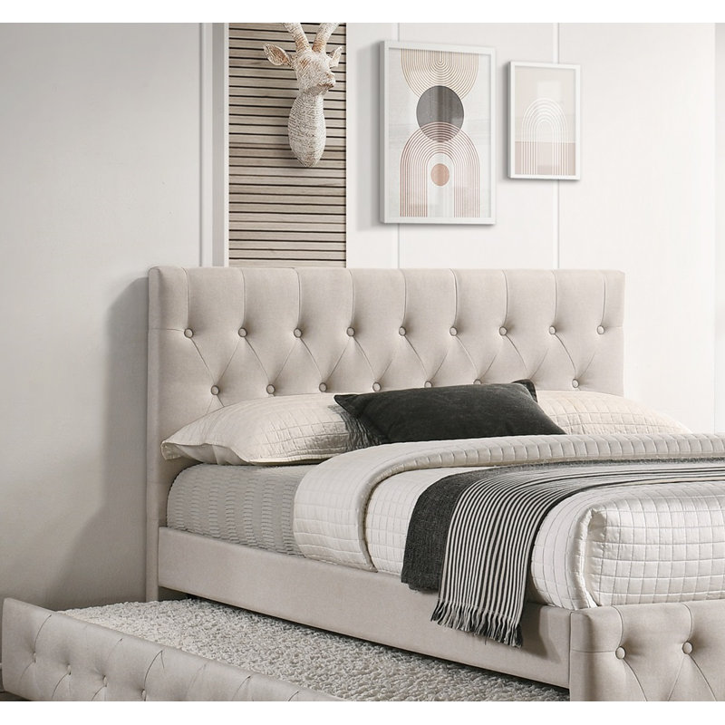 Lit contemporain avec lattes de lit gigogne en tissu d'ameublement et tête de lit capitonnée, Simple, Brun clair