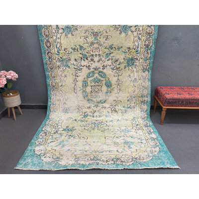 Tapis bleu rétro en patchwork de laine 66,9 x 116,1 pouces