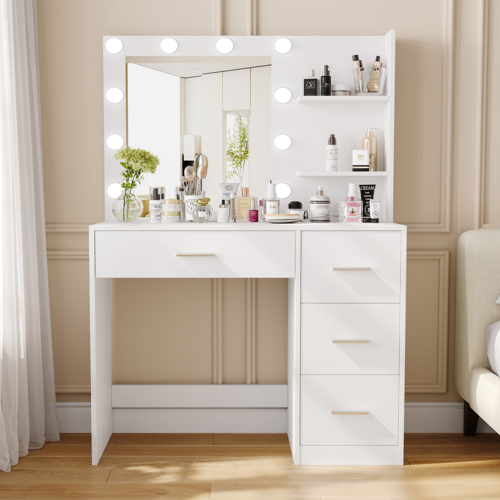 Coiffeuse moderne blanche avec miroir, tiroirs et led Stars