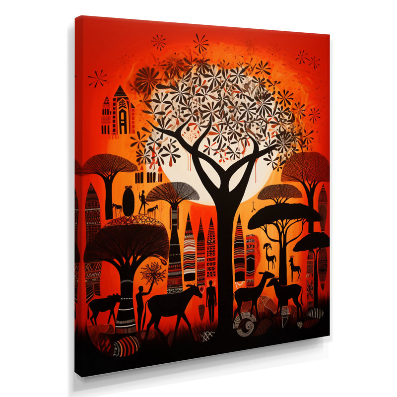 «Urban Tree Wild Savanne Animal Gathering», art mural africain, Toile tendue, H 44 po x l 34 po x P 1,5 po