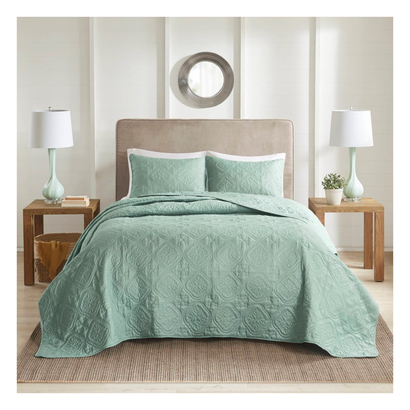 Ensemble de couvre-lit très grand réversible vert écume de mer - couvre-lit matelassé en microfibre 3 pièces avec 2 taies décoratives (120 x 118 pouces)