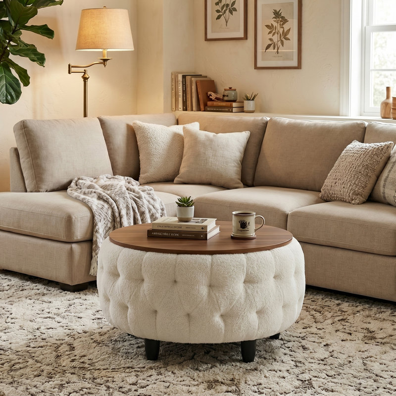 32 Inches Teddy Fleece Tufted Ottoman,Large Round Storage  Coffee Table with Wooden Tabletop,White, White