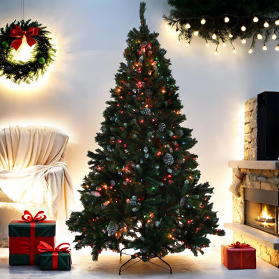 Arbre de Noël blanc 7 pi avec 450 lumières UL multicolores, cordon d'extension 6 pi x 3 pi, charnières en métal et base pliable facile à assembler, pour la maison, le bureau et les fêtes