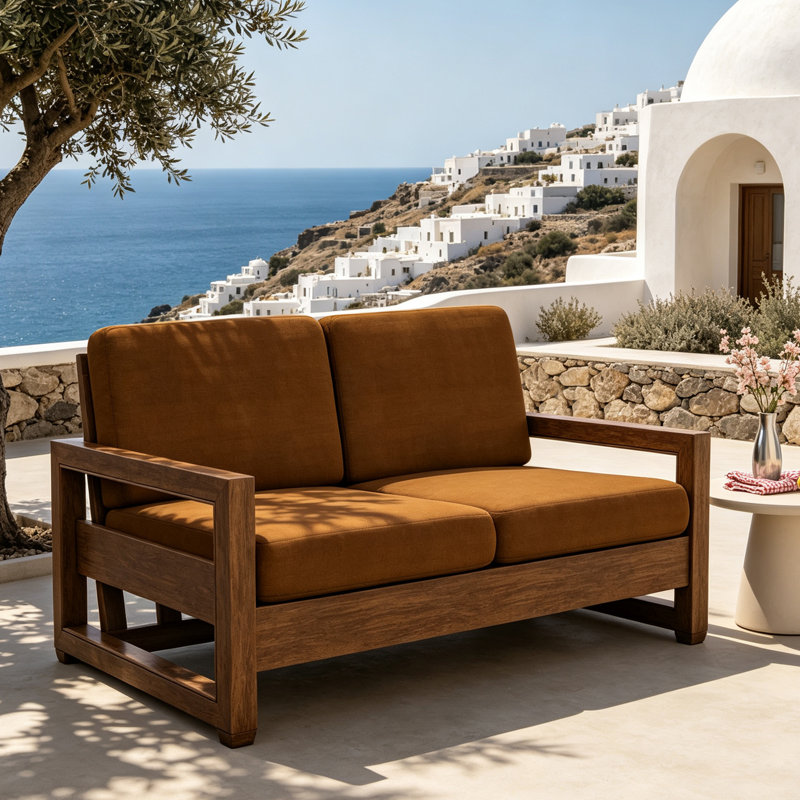 Causeuse d'extérieur en bois de teck massif Gustina avec coussin et accoudoirs, Light Brown, Bois naturel