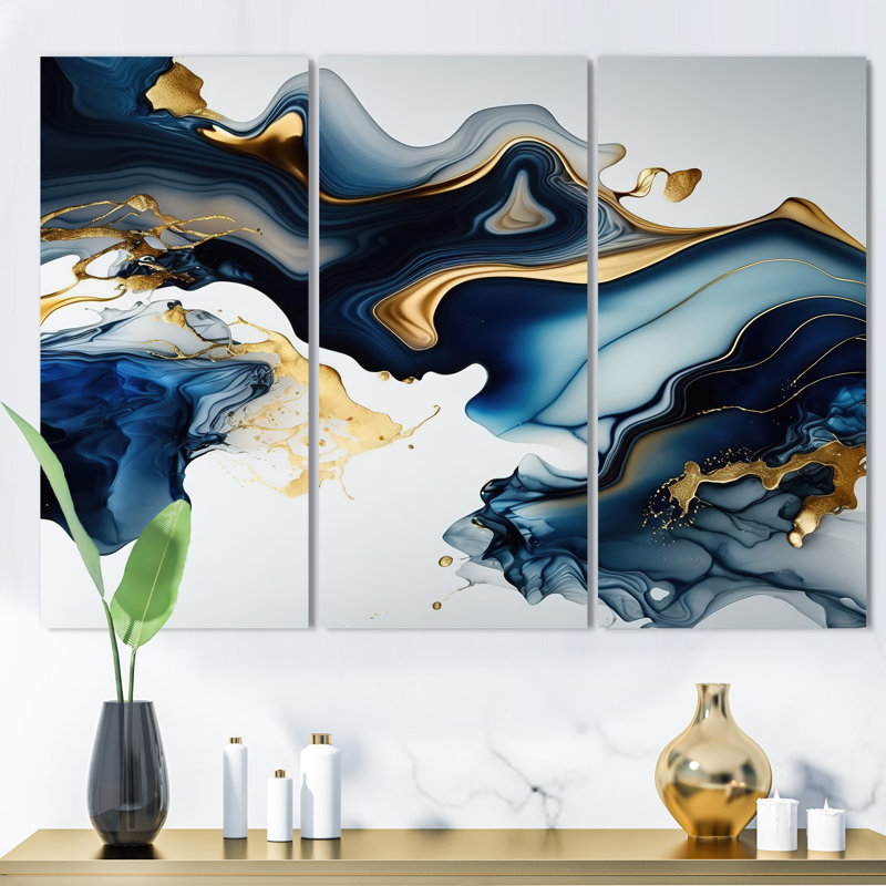 Abstract Geode Marble Blue I - 3 pièces sur toile tendue, H 32 po x l 48 po x P 1 po