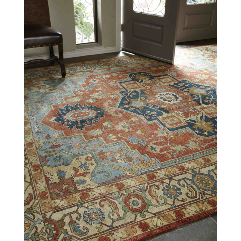Antique Weave Serapi Oriental Hand-Knotted Wool Rust/Blue/Navy Area Rug, Rectangle 14' x 18'