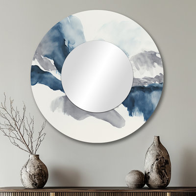 Through The Sapphire Blue Clouds I - Abstract Liquid Ink Round Mirror Wall Decor