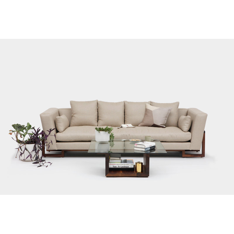 LRG Velvet Sofa, Walnut, No Trays, Hopsack Linen Blends