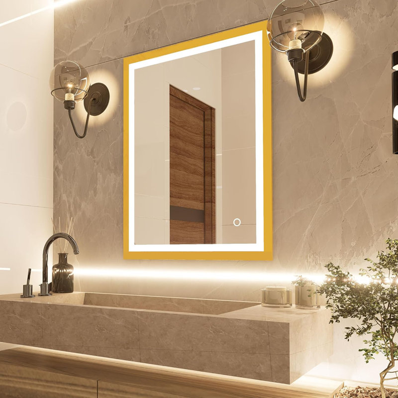 Miroir de salle de bain à DEL avec miroir en aluminium 3 lumières, 32 po x 24 po, Doré
