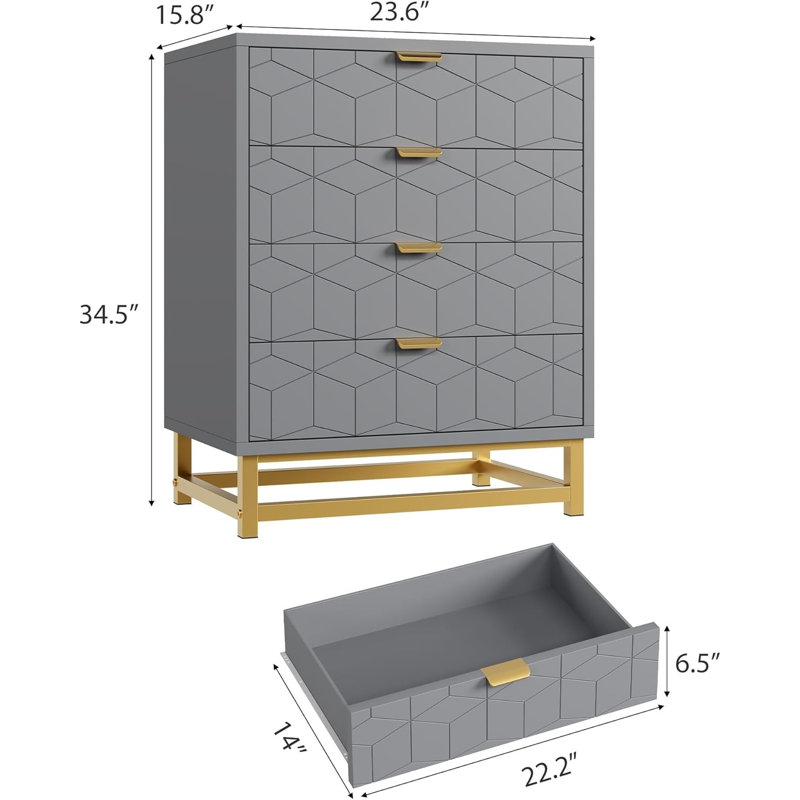 4-Drawer Wooden Dresser with Gold Metal Handles – Bedroom Storage Cabinet for Entryway, Hallway & Living Room, Gray