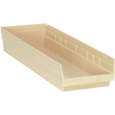Economy shelf bin, nesting, includes (7) divider slots, rear hanglock, molded-in label holder, polypropylene, Made