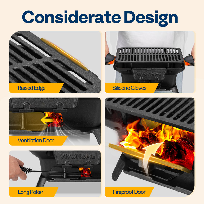 Rectangle Cast Iron Charcoal Grill With Double-sided Grate