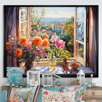 Orange And Green French Window View I - Floral Window Wall Art