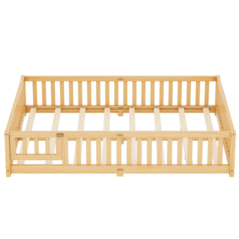 Queen Size Kids Floor Bed with Safety Rails and Door, Low Profile Pine Wood Bed for Independent Sleep, Natural, Natural