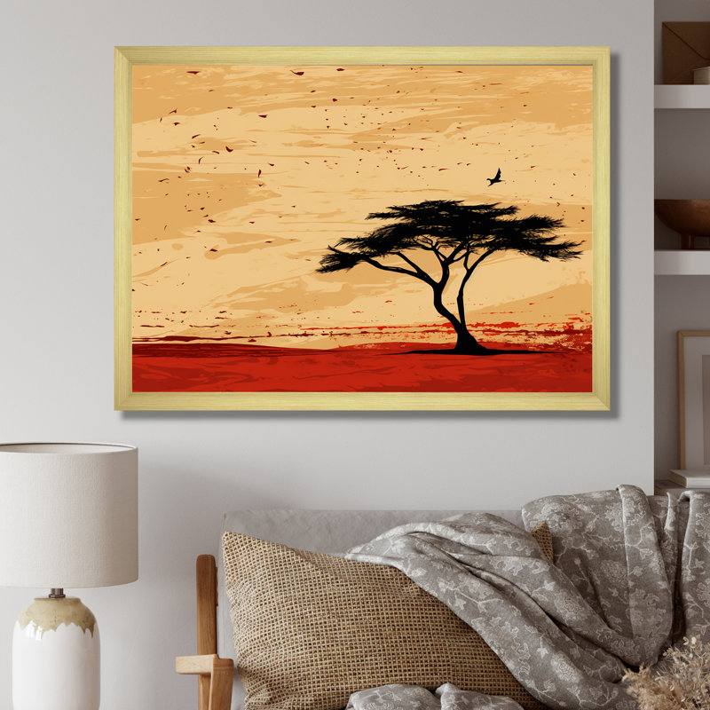 Arbre africain harmonieux 1 - Art mural africain, Cadre doré à coins fermés, H 30 po x l 40 po x P 1,5 po