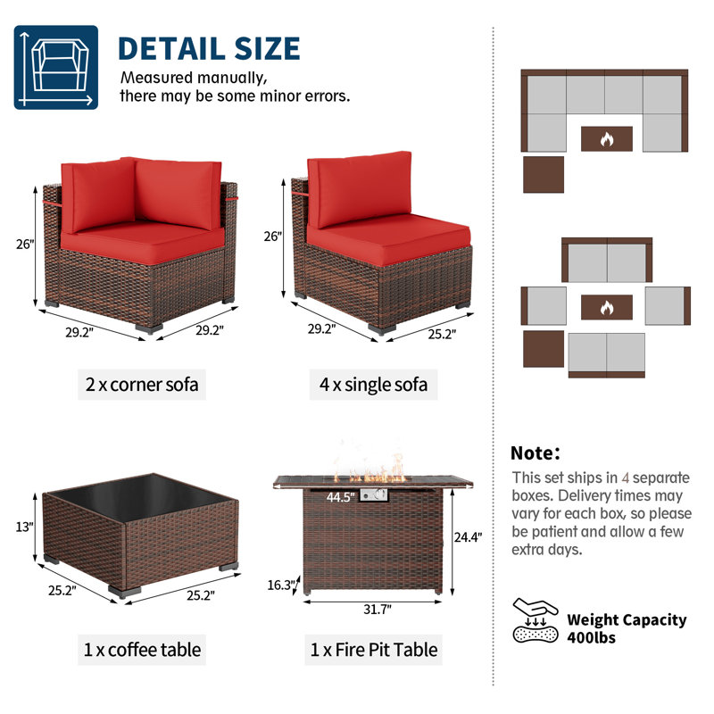 Ensemble de terrasses 8 pièces avec foyer Benboe, Cadre brun / coussin rouge vif